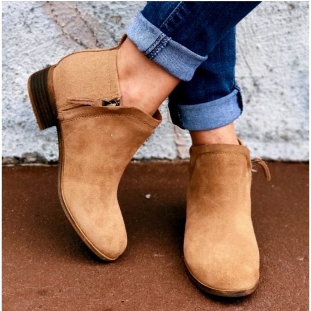 Toms Deia Tan Suede Ankle Booties Women 7.5 Low Block Heel Zip Up Tan‎ Brown